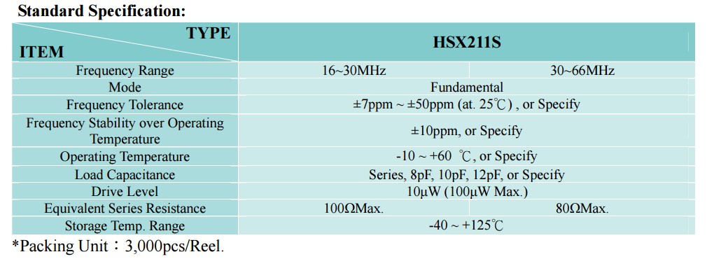 HSX211S晶振规格书
